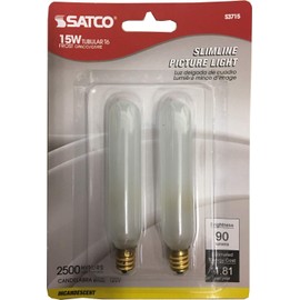 Satco S3715 Tubular Shaped Incandescent Light Bulb (Pack of 2), Frosted Finish, 15 Watts, 120 Volts, 90 Initial Lumens, T6 Lamp Shape, Tubular Lamp, Candelabra Base, E12 ANSI Base, 360 Beam Spread