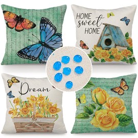 Cirzone Waterproof Cushion Cover 45 x 45 cm Decorative Outdoor Cushion Waterproof Breathable Flowers and Butterflies Cushion Cover for Sofa Cushion Garden Outdoor Pack of 4