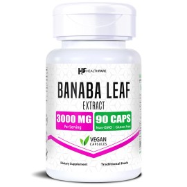 Healthfare Extracto de Hoja de Banaba 3000 mg | 90 Cápsulas Veganas | Sin Gluten | Sin OGM