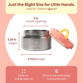 Steelies 8oz Vacuum Sealed Compact Stainless Steel Insulated Food Container for Hot & Cold Food for Kids, Easy to Open No Twisting Lid, 100% Leak Proof (Pink)