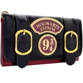 H.P. Express Badge 9 3/4 Double Buckles Wallet Tri-Fold Coin Pocket & Card Holder Black, black, Tri-Fold