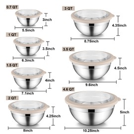 E-far Stainless Steel Mixing Bowls with Airtight Clear Lids Set of 7, Metal Nesting Bowls for Kitchen Prep, Baking, Cooking, Serving, Salad, Dishwasher Safe, Size 4.6, 3.5, 3, 2, 1.5, 1, 0.7QT, Khaki
