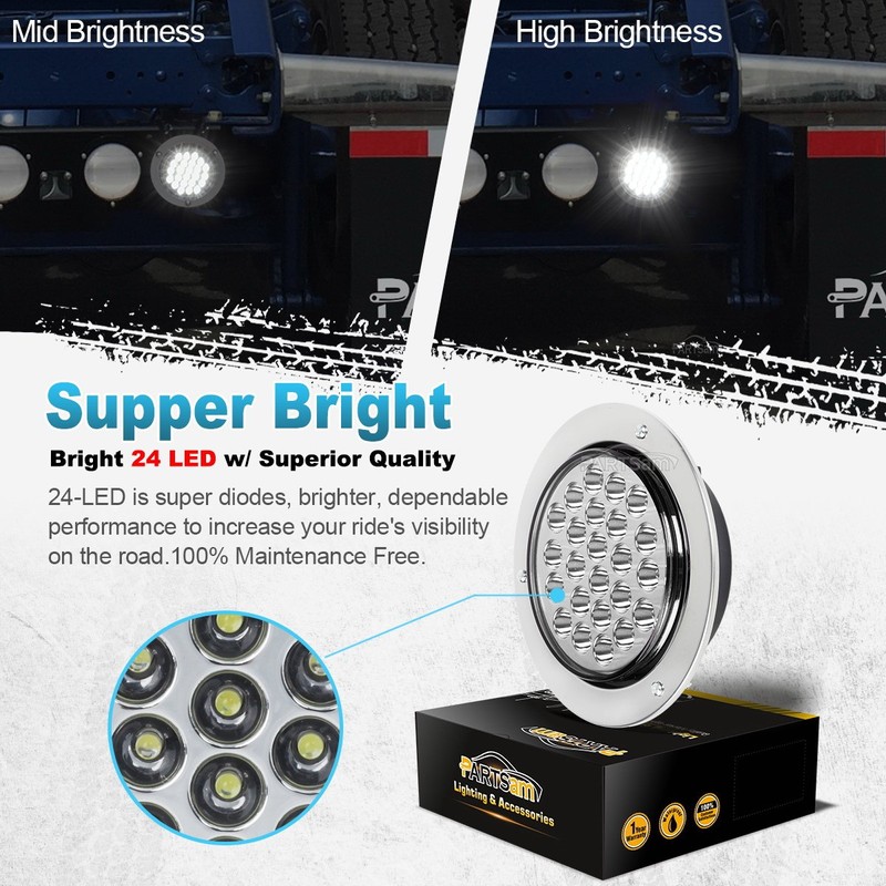 Partsam 2pcs 4" Round White 24 LED Truck Trailer Light