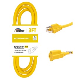 HONDERSON Extension Cord Weatherproof, UL Listed, 10 Gauge 3FT Yellow 3 Prong Heavy Duty, 10/3 SJTW 15A Power Cord for Lights, Appliances, Lawn