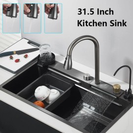 WQMHOME Stainless Steel Kitchen Sink w/ Pull Out Faucet Single Bowl Drop-in Workstation