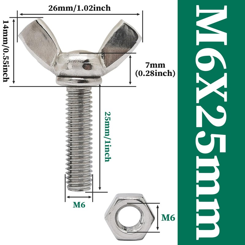6sets M6x25mm Stainless Steel Wing Butterfly Screws Bolts with Hex