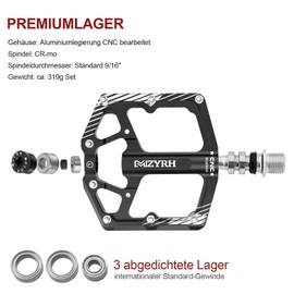 MZYRH Road Bike/Mountain Bike Pedals, 9/16 Inch Aluminium Alloy Bicycle Pedals, 3 Bearings MTB Pedals for Road Mountain BMX MTB Bicycle (Black)