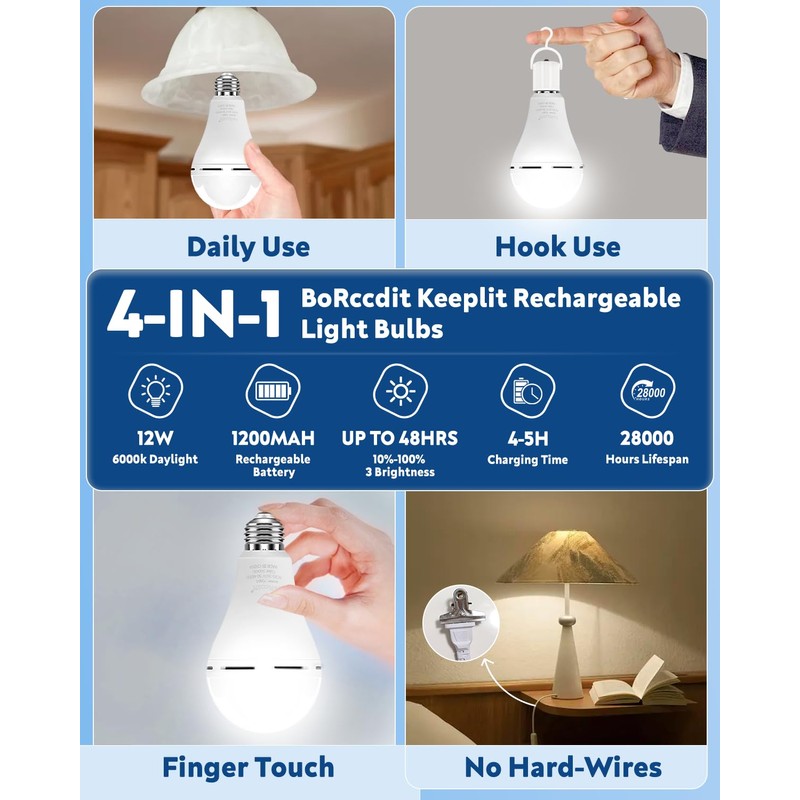 BoRccdit KeepLit 6 Pack Emergency Rechargeable Light Bulbs, 48H Long