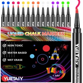 YullTaiy Chalk Markers for Blackboard - Chalkboard Markers, Fine Tip Wet Erase Markers, Liquid Chlak Pens for Chalk board, First & Last Day of School Board, Window, Glass, Mirror (14 Pack)