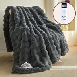 XINIUSLEEP Heated Blanket Electric Blanket 50"x60", Soft Faux Rabbit Fur Heating Blankets with Overheat Protection, 12 Time Settings, 5 hrs Auto-Off, 5 Heating Level, Machine Washable (Grey)