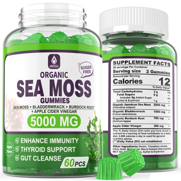 Sea Moss Supplement 5000mg, Sugar Free Sea Moss Gummies, Irish Sea Moss, Burdock Root, Bladderwrack, Apple Cider Vinegar, Organic Sea Moss, Immune System, Detox Cleanse, Thyroid Support, Vegan 60 Cts
