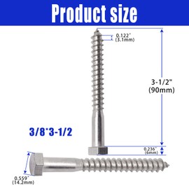 BENLIUDH - Tornillos hexagonales de 3/8 pulgadas x 3-1/2 pulgadas, tornillos de acero inoxidable 304 para madera (10 unidades)