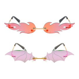 Qixuer Flame Sunglasses, Flame Sunglasses, Red, 1 Flame Glasses and 1 Bat Sunglasses, Coloured Rimless Wavy Sunglasses, Luxury Trending, Funky Festival Sunglasses, d'Alene to