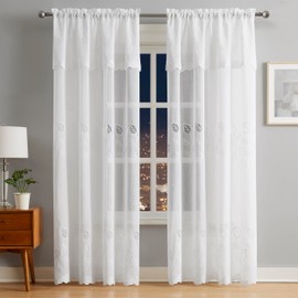 LinenZone Embroidered Leaf Curtains (Emma 54 x 84, White), Emma_54x84_White