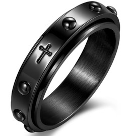 Adreamz 6mm Rosary Spinner Ring for Anxiety Relief Fidget with Beads Cross Lord Prayer Black Stainless Steel Ring 7.5