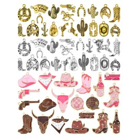 YETOOME 60pcs Western Cowboy & Cowgirl Charms for Jewelry Making, Antique Silver Gold Enamel Pendants Hat Boot Horse Cactus Trinkets for Bracelet Necklace Earrings Keychain(4 colors)