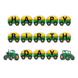Tractor Happy Birthday Bunting Banner, Tractor Party Decoration Farm Theme Green Birthday Decor Supplies, Farm Tractor Party Supplies Green Tractors Birthdays Banners for Farmer Outdoor