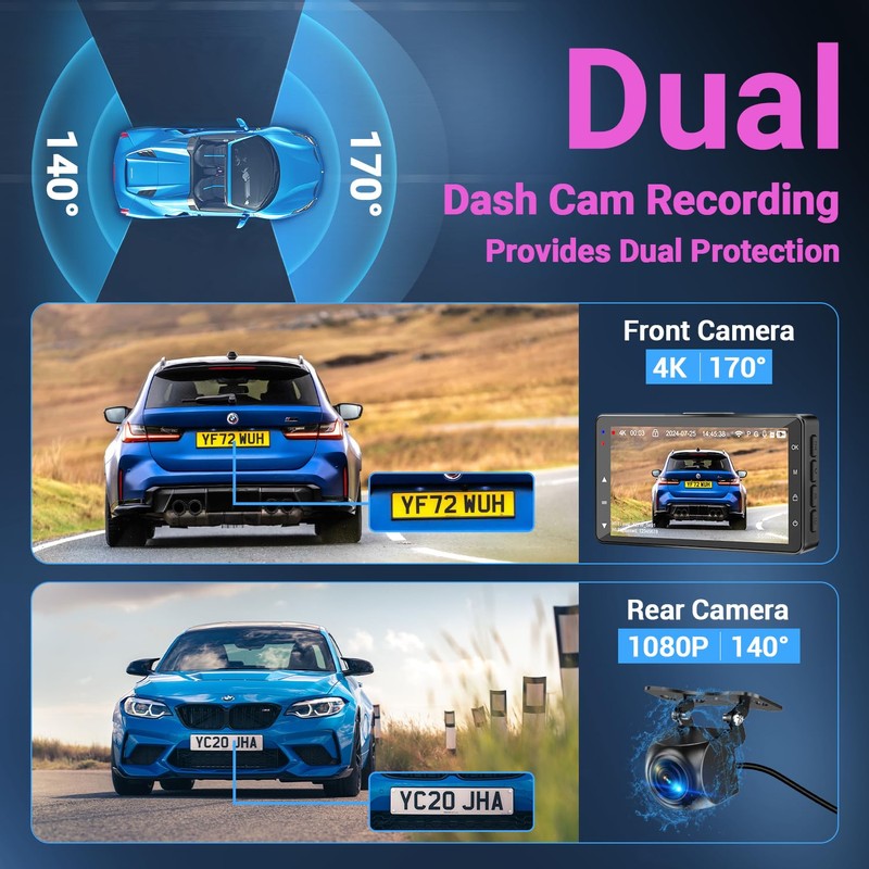 Dash Cam Front and Rear, 4K Dash Cam WiFi/APP Control