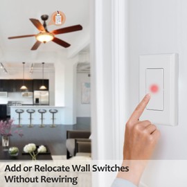 Suraielec Wireless Light Switch and Receiver Kit, 15A High Power, No Wiring, No Interference, 100ft RF Range, Expandable Remote Control Wall Switches for Lamp, Ceiling Light, Fan, Outdoor Lighting