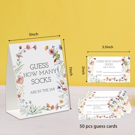 UHADRE Guess How Many Socks Game(One Sign with 50 Cards),Baby Shower Game, Floral Bridal Shower, How Many Cards, Sock Guessing Game Sign and Cards Set-GHMS02