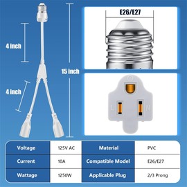 1 Pcs 2 in 1 Light Socket to Plug Adapter, Convert E26/E27 Bulb Socket to 2 Pieces 3 Prong Outlet with Extension Cord, Flexible Light Bulb Socket Converter Suitable for Porch Patio Garage Use (White)
