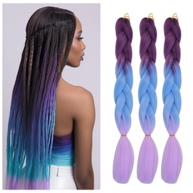 3 Packs Ombre Braiding Hair 24 Inch 3 Tone Purple to Blue to Light Purple Braiding Hair High Temperature Synthetic Fiber Hair Extensions for Women and Girl Fashions Hairstyle Braid Hair (M60)