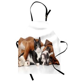 Ambesonne Funny Apron, Cat and Dog Cuddling Lying on Floor Friendship Theme Animals Togetherness, Small Apron Bib with Adjustable Ties for Baking Painting, Small Size, Brown Black White