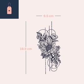 Temporalis® Tattoo Turnesol Flower - Temporary, Vegan and Waterproof - Cosmetics EU Certified - Lasts 1 to 2 Weeks [Geometric Sunflower Bouquet]