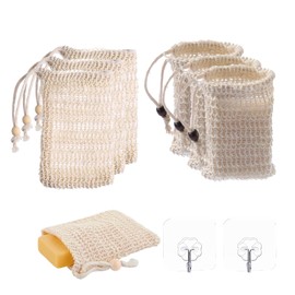 6 Stück Seifensäckchen, Sisal Seifenbeutel, Seifenbeute Natur, Kordelzug Massage Seifensack mit 6 Selbstklebende Haken für Seife Peeling Festes Duschgel (9x14cm)