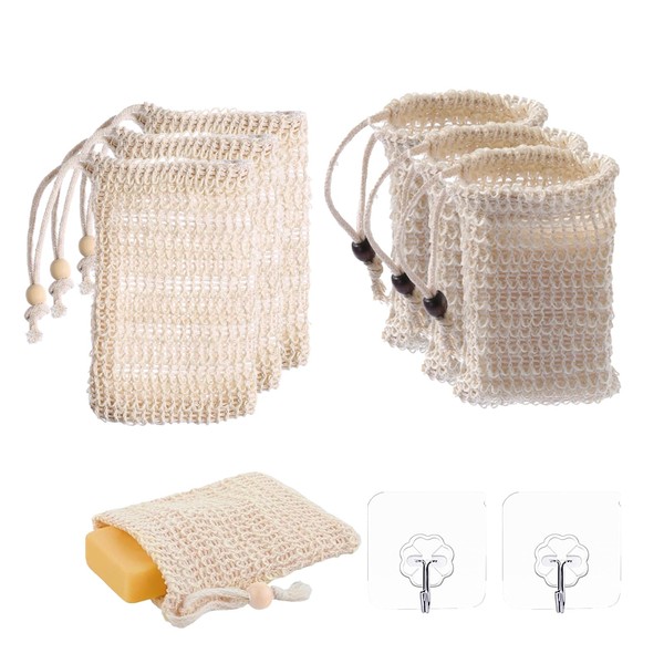 6 Stück Seifensäckchen, Sisal Seifenbeutel, Seifenbeute Natur, Kordelzug Massage Seifensack