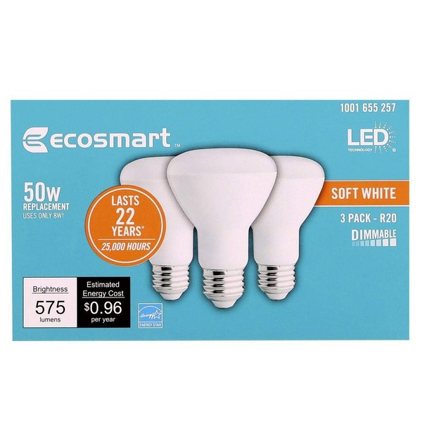 (3-pack) EcoSmart BR20 Soft White LED, Dimmable, 575-Lumen, 2700K, 8-Watt (50-Watt Equivalent) Light Bulb, E26 Medium Base