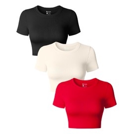 OQQ Women's 3 Piece Crop Tops Crew Neck Shorts Sleeve Stretch Fitted Shirts Crop Tops Black Red Beige