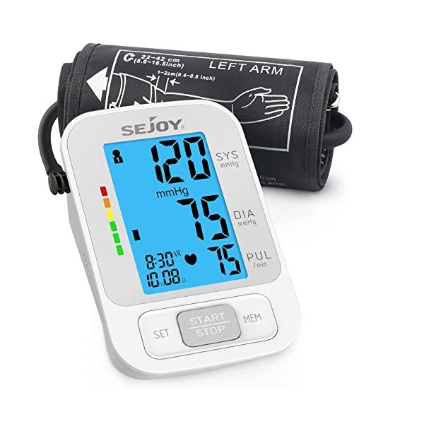 Sejoy Blood Pressure Monitor Upper Arm Digital Automatic Blood Pressure Machine with Large Backlit Display & Adjustable BP Cuffs Kit 8.6"-16.5" for Home Use Voice, Two User Mode,Carry Case