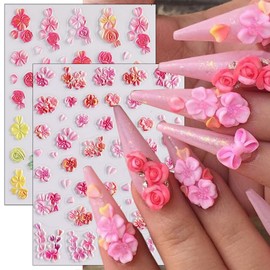 2 Sheets Embossed Pink Flower Nail Stickers for Nail Art 5D Self Adhesive Flowers Nail Art Stickers Spring Summer Red Yellow Pink Floral Nail Decals Design Supplies for Women DIY Nail Decoration