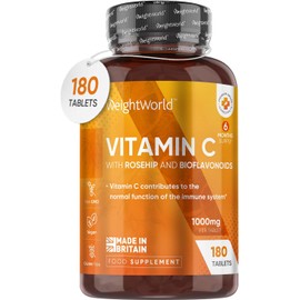 Vitamin C 1000mg – 180 High Strength Vitamin C Tablets with Rosehip & Bioflavonoids – Vegan Vitamin C Supplement (As Ascorbic Acid) for Immune System – Energy Tablets for Men & Women