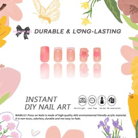 Pink Press on Nails Medium Square MABKJLF White French Tip Fake Nails False Nails with Designs 3D Flower Gradient Full Cover Glossy Glue on Nails Stick on Nails for Women Girls 24 Pcs