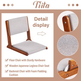 Foldable Tatami Chair, Japanese loor Chair, Wood Legless Back Rest Chair with Cushion, Accent Meditation Floor Chair Bay Window, Walnut Grey