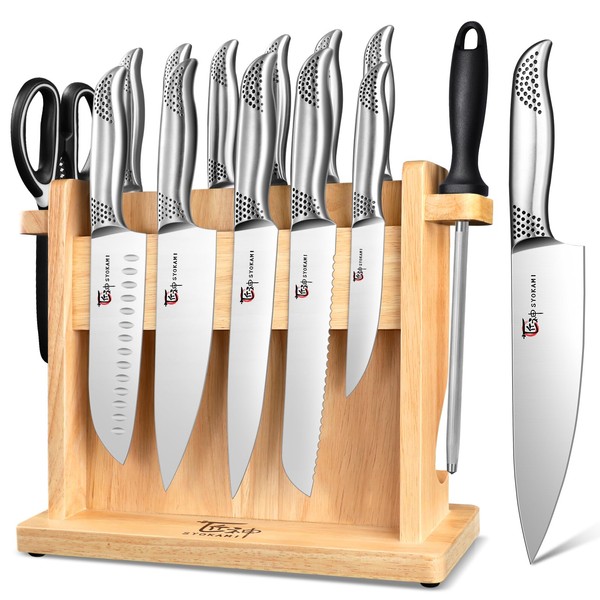 SYOKAMI Knife Block Set, 14 Pieces Japanese Style Knife Set With Magnetic Holder, High Carbon Stainless Steel Ultra Sharp Knives With Ergonomic Handle, Including Sharpener And Shears, Black Dot