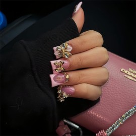 24Pcs Press on Nails Medium Duck Mouth Fake Nails Pink French Tip Acrylic False Nails with Charms Butterfly and Rhinestones Designs Nails Sweet Cool Pink Glue on Nails Glossy Stick on Nails for Women