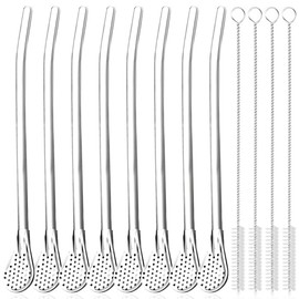 Clyhon Pack of 8 Stainless Steel Drinking Straws, Long Spoon Straws, Reusable Spoon Straws, Metal Spoons with 4 Straws, Cleaning Brush for Smoothies, Milkshakes, Cocktail, Coffee