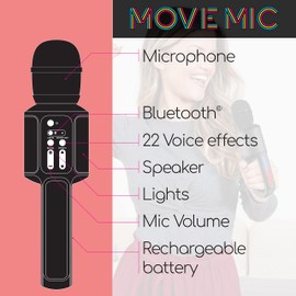 Move Mic by Singing Machine – Bluetooth Karaoke Microphone & Speaker with LED Lights, 22 Voice FX & Rechargeable Battery – Portable Mic for Dorm Parties, Family Fun, Kids, and Teens