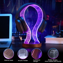 Lampeez Headphone Stand Headset Holder with Blue Pink LED Night Light Walnut Wood for Gamers, Music Lovers Gift Idea