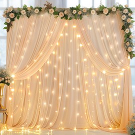 Dark Champagne Backdrop Curtains with Lights for Parties,10x10FT Wrinkle Free Polyester Wedding Photo Backdrop Curtains for Baby Shower Birthday Ceremony Reception Home Party Decorations-5ft x 10ft
