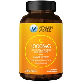 Vitamin World Vitamin C 1000 mg. Timed Release 250 Caplets, Bioflavonoids, Wild Rose HIPS, Vegetarian, Gluten Free