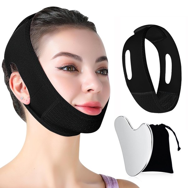 Double Chin Reducer with Guasha Facial Tool, Chin Strap Face