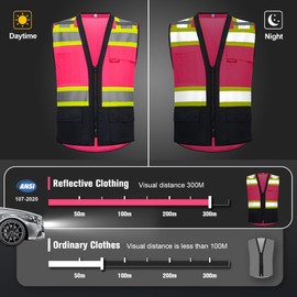 ProtectX 6 Pockets High Visibility Safety Vest for Men Women Class 2 Reflective Hi Vis Work Construction Vest, Pink - Mesh Fabric, XX-Large