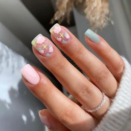 Press on Nails Short,KXAMELIE Pink Glue on Nails Coffin with Cloud Designs Glossy Reusable Fake Nails Acrylic Stick on Nails for Women Girls Daily Wear in 12 Sizes,24Pcs