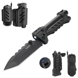 VIPERADE VAK6 Multiherramienta de supervivencia con cuchillo plegable, linterna LED, encendido por pulso y generador de manivela, cuchillo multiherramienta para campamento, linterna recargable con funda para cinturón