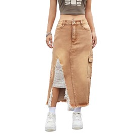 AprPith Womens Casual High Waisted Denim Midi Skirt Slit Frayed Raw Hem Cargo Jean Skirts with Pockets