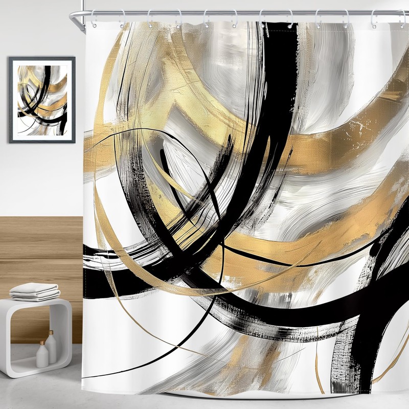 Riyidecor Black Gold Abstract Shower Curtain 72Wx72H Inch Modern Graffiti